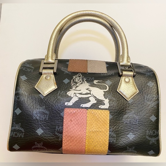 MCM Black Canvas, Snakeskin Embossed and Leather Princess Lion Boston Bag - Picture 12 of 12